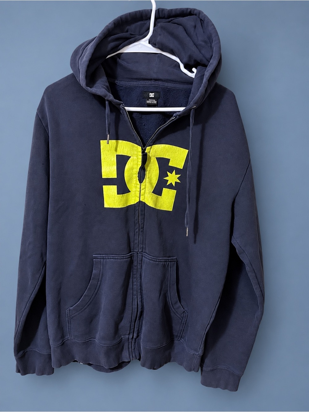 DC Navy Zip Hoodie with Bright Yellow Logo